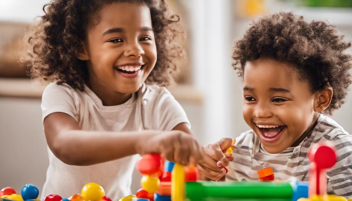 Image of two children smiling and engaging in play, representing the positive impact of ABA therapy on family interactions and social skills development.