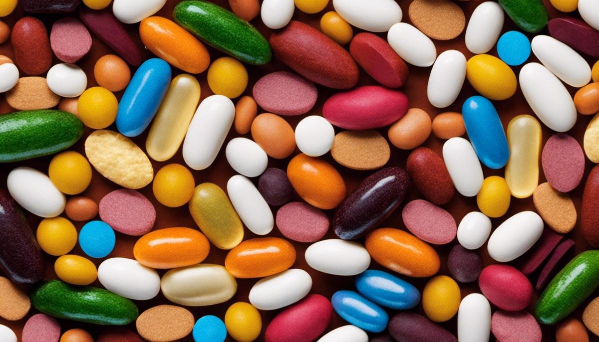 Image description: A colorful image showing different types of vitamins in pill form.