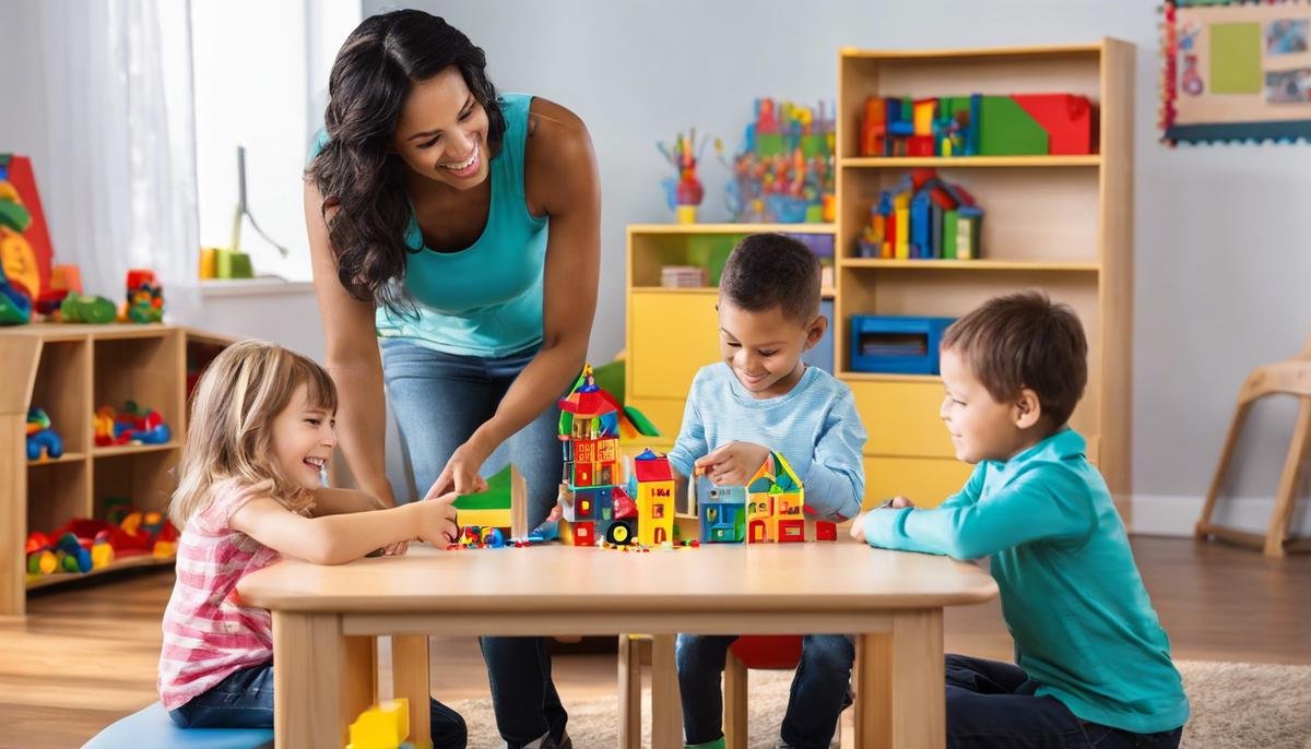 Image depicting parents and children engaging in positive reinforcement strategies and other behavioral management methods for children with ASD.