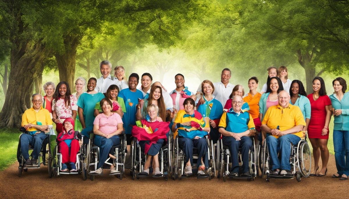 Image description: A group of people with varying abilities and disabilities supporting each other, symbolizing the diverse nature of autism and the importance of love and understanding in its management.