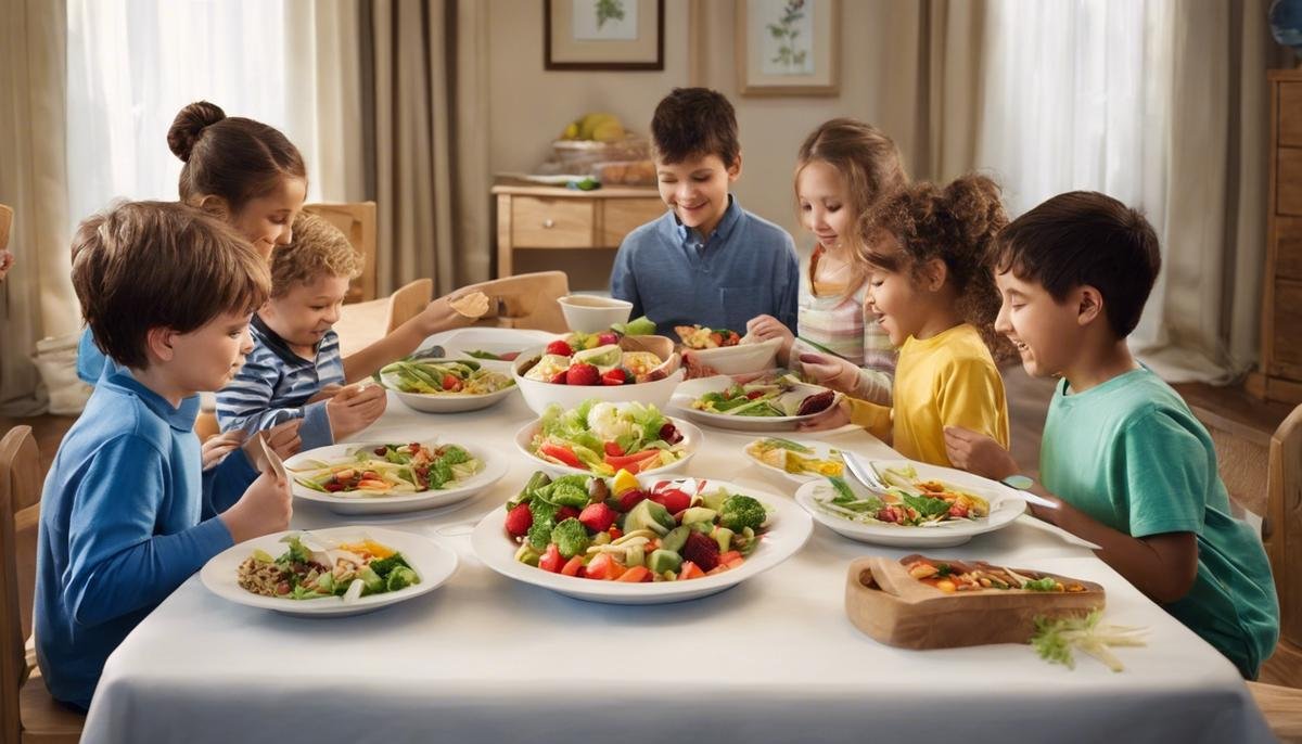 Image depicting a group of children with autism engaging in a mealtime activity, showing the importance of diet for their well-being.