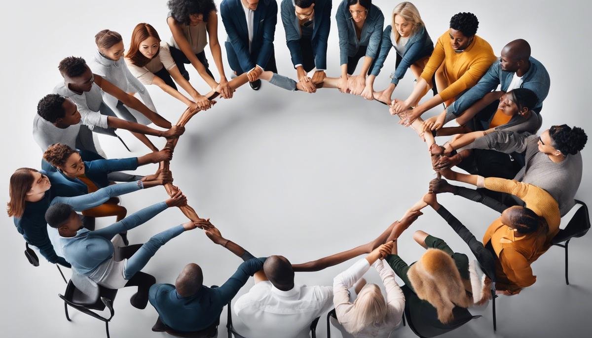 A group of diverse people holding hands in a circle, representing inclusivity and support