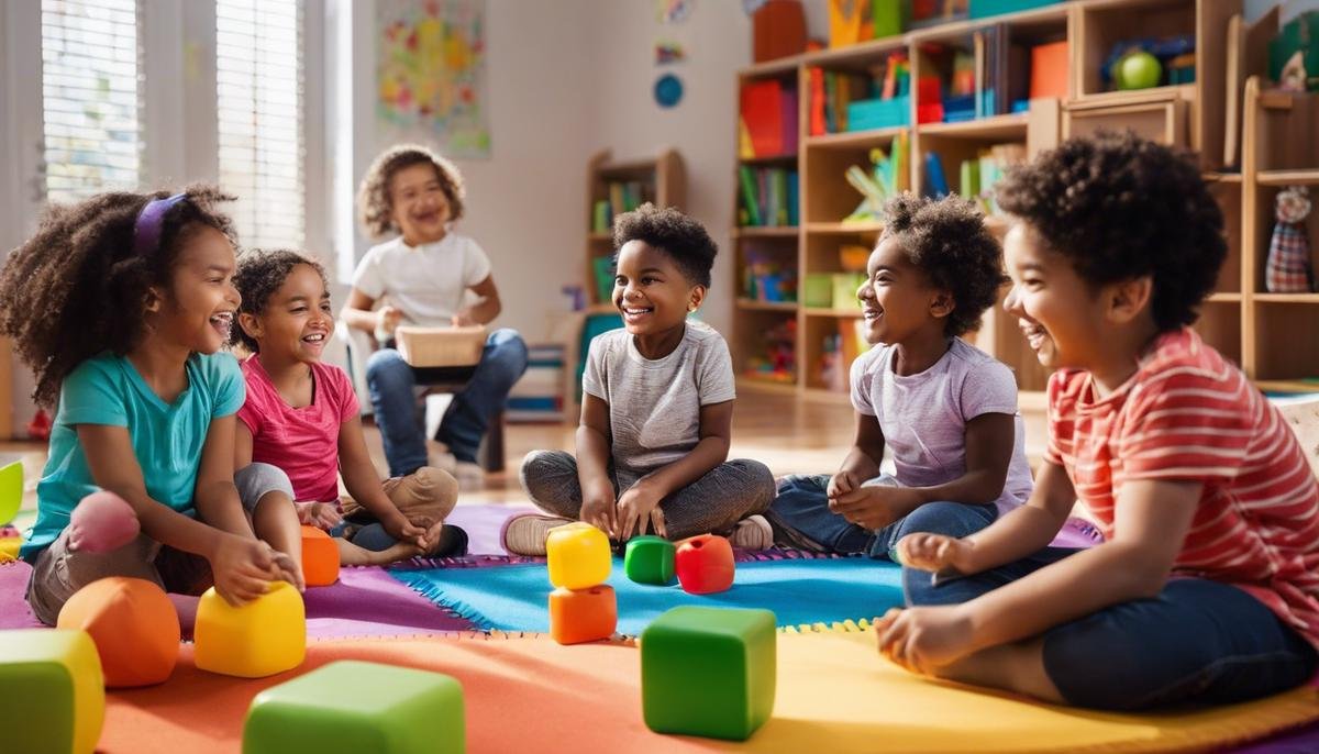 Image of a diverse group of children smiling and playing in a therapy session