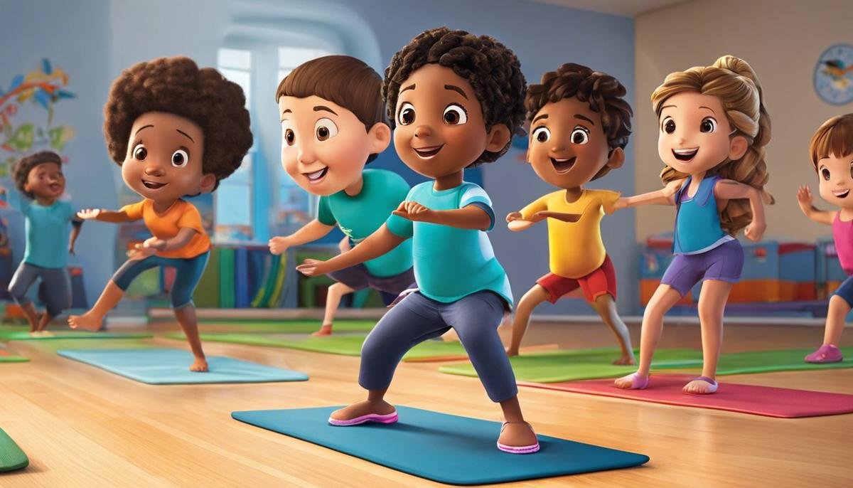 A diverse group of children engaging in physical activities, such as swimming and yoga, to manage aggression and enhance overall well-being