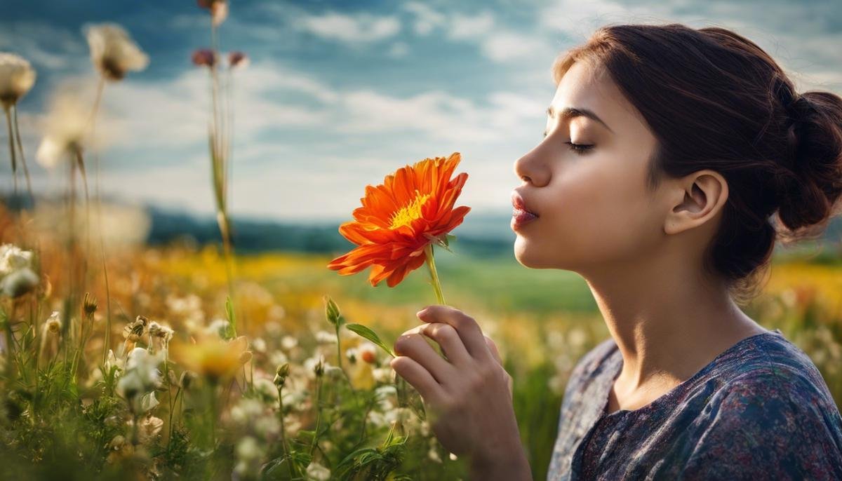 Image: A person smelling a beautiful flower, representing the experience of smell for someone with anosmia and autism.