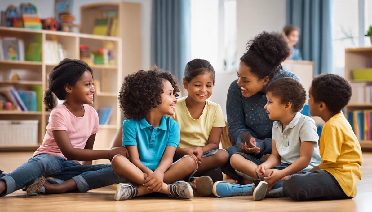 A group of diverse children sitting together, engaged in a conversation, representing the importance of nonverbal communication in families.