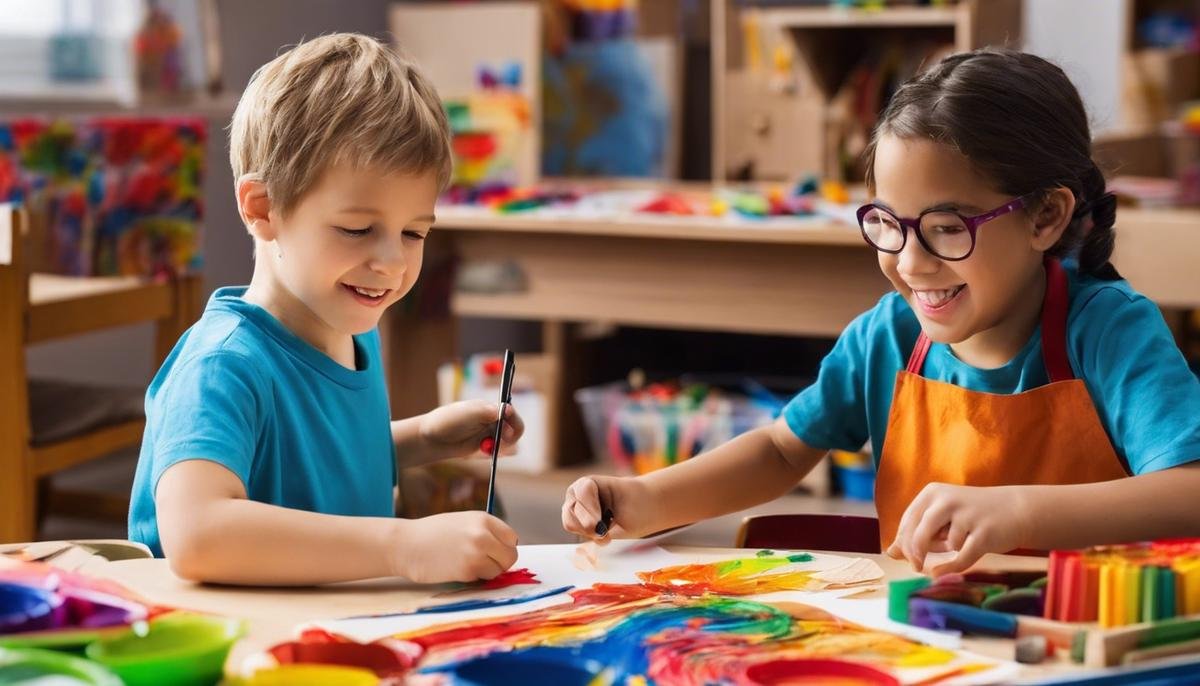 Image of children with autism engaging in art activities, expressing themselves and interacting with others through their creations.