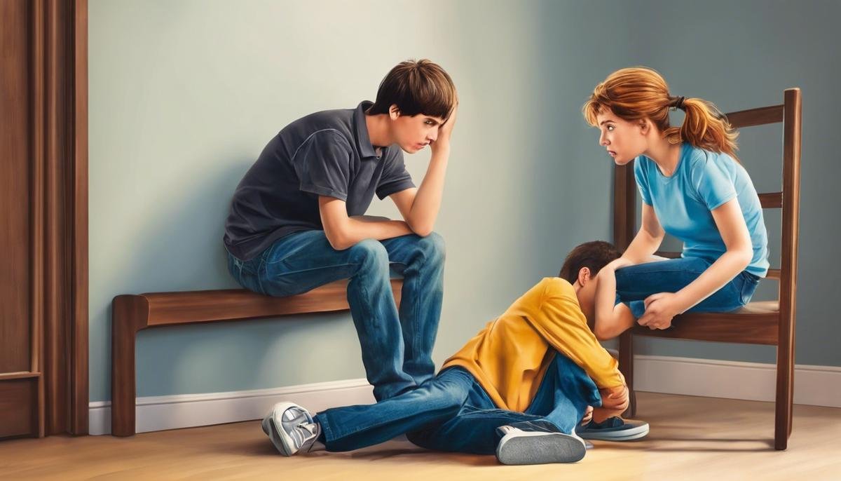 An image showing a teenager with Autism Spectrum Disorder expressing frustration, hitting a wall, while a caregiver offers support and understanding