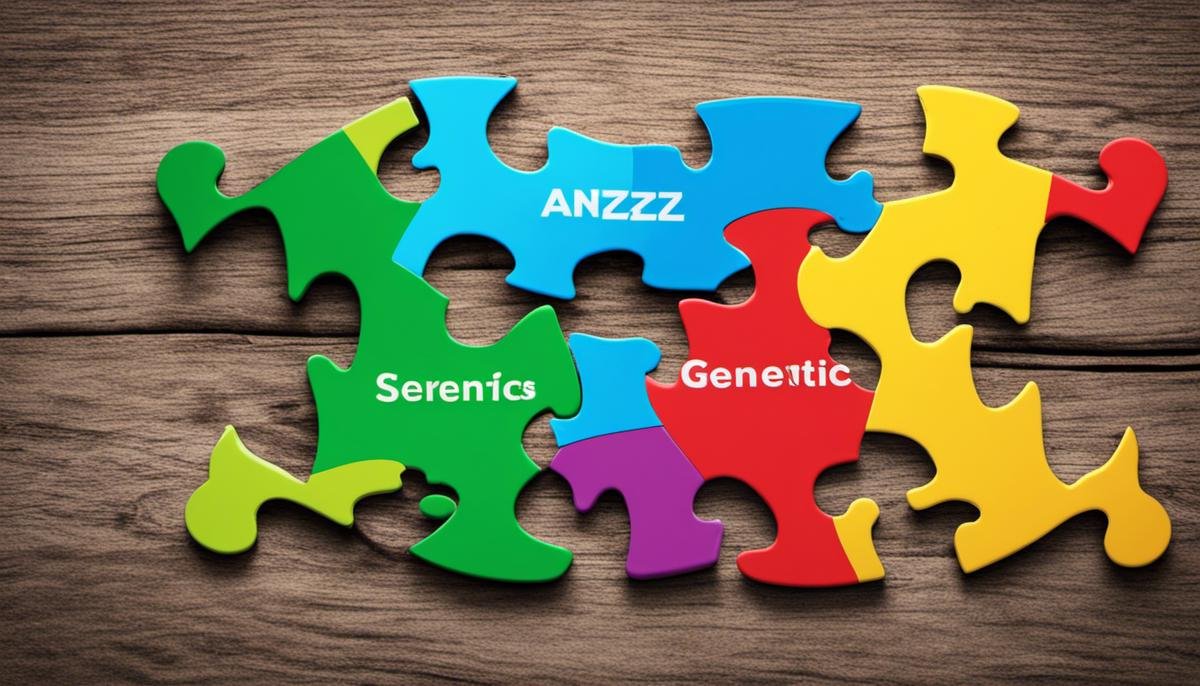 Image depicting the interplay between environmental factors and genetics in Autism Spectrum Disorder (ASD). The image shows two puzzle pieces, one labeled 'genetics' and the other labeled 'environment', fitting together to form the complete puzzle of ASD.