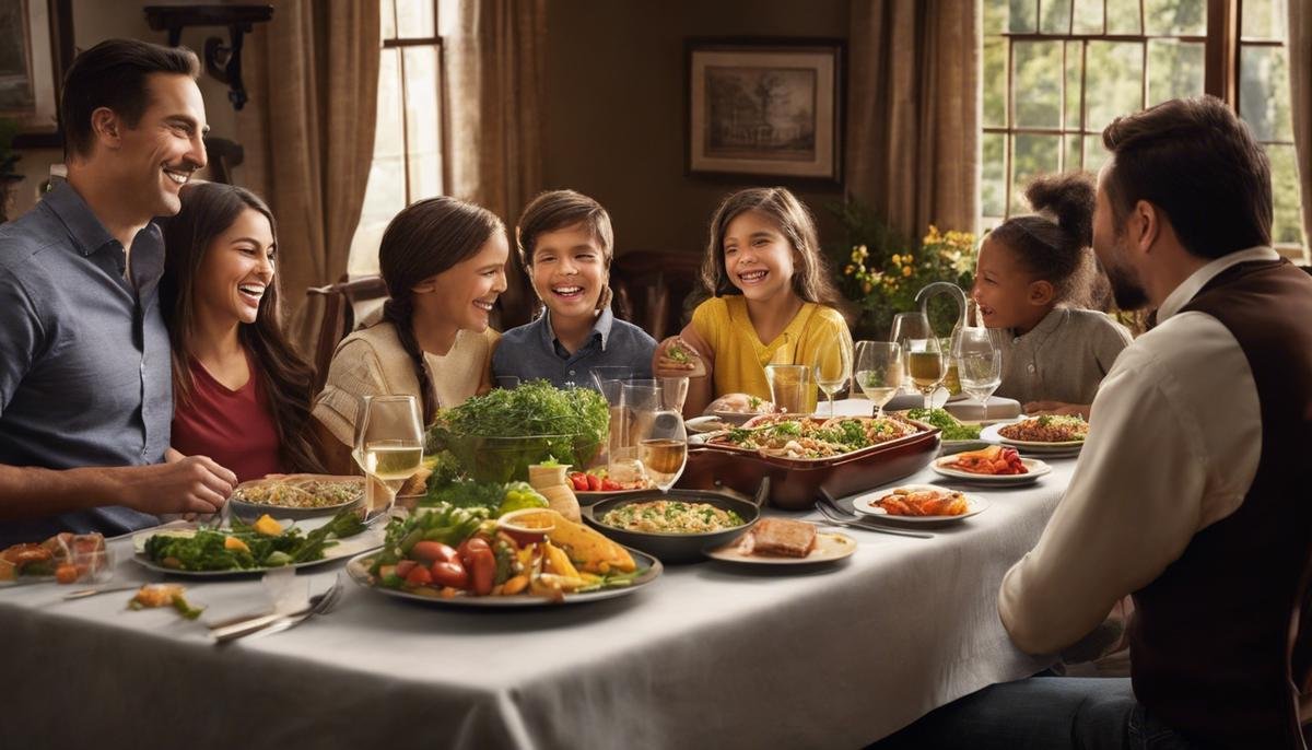 A picture of a supportive family gathering around a table for a meal, with smiles on their faces.