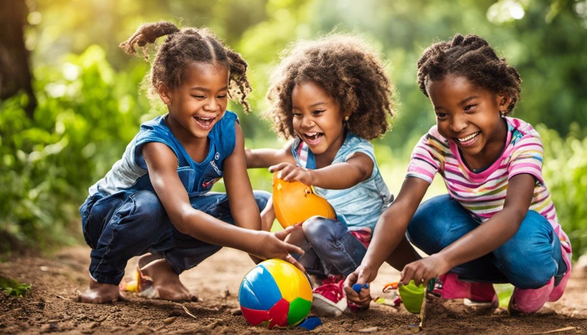 Image description: A diverse group of children playing together happily.