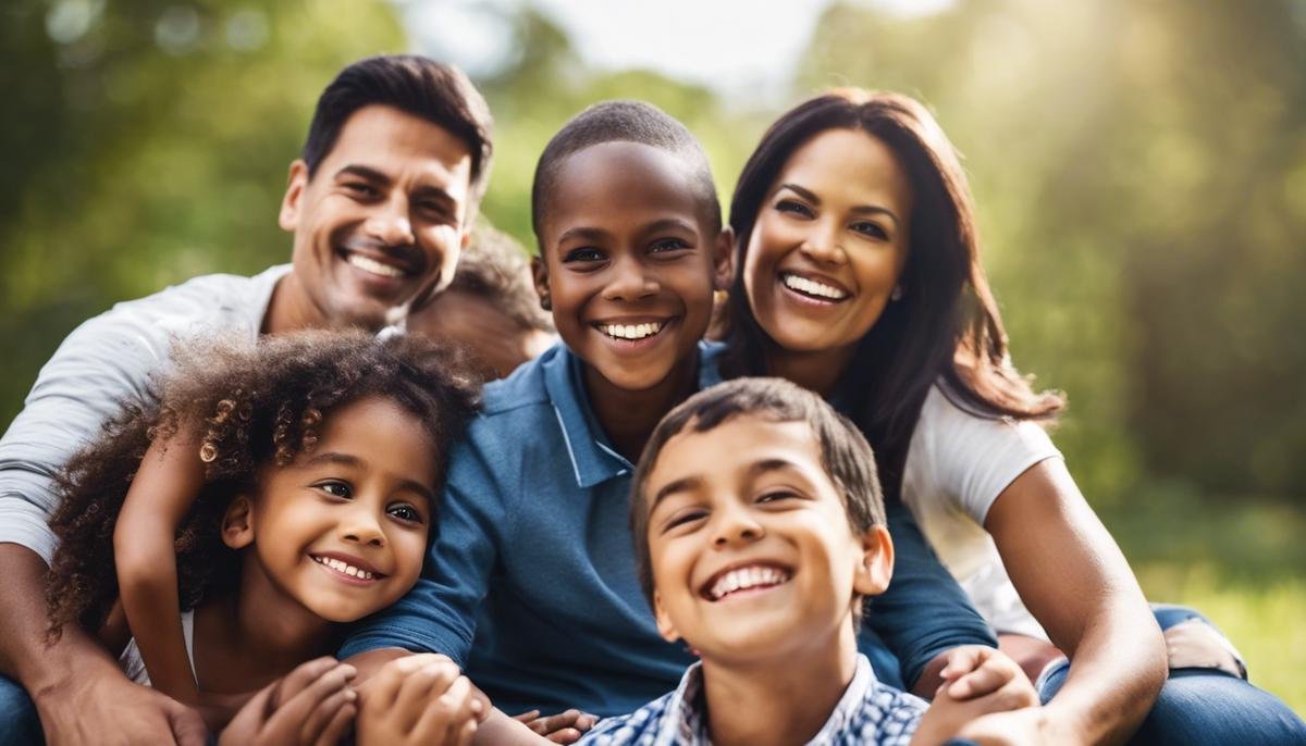 Image of a diverse family sitting together and smiling, symbolizing support for a child with Autism Spectrum Disorder and managing aggression.