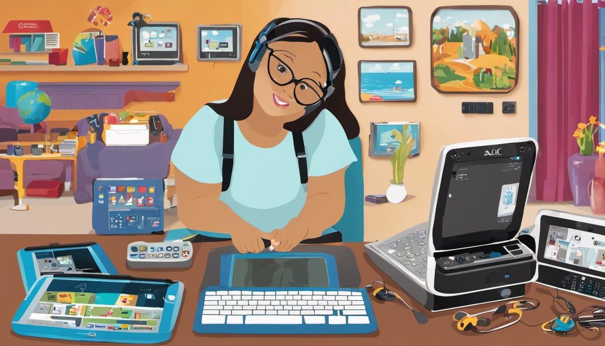 Image showcasing different assistive technologies for individuals with autism, including communication aids, sensory tools, digital organizers, virtual reality technology, and Augmentative and Alternative Communication (AAC) devices