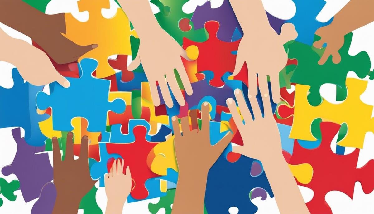 Illustration depicting diverse individuals holding hands surrounded by puzzle pieces, representing autism awareness and advocacy.