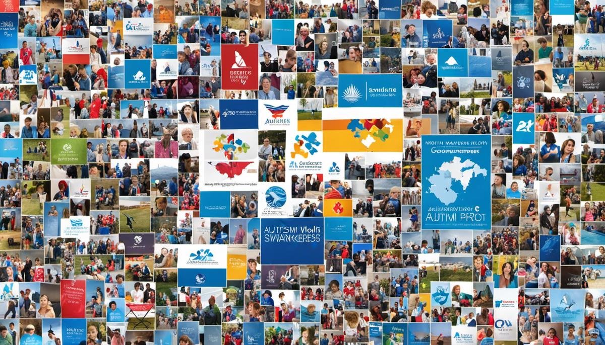 Collage of images representing various autism awareness events: World Autism Awareness Day logo, Autism Awareness Month logo, people participating in the Autism Speaks Walk, a conference hall at the Autism Society National Conference, the Converge Autism Summit logo, volunteers at the Global Autism Project event, an art exhibition at Art for Autism.