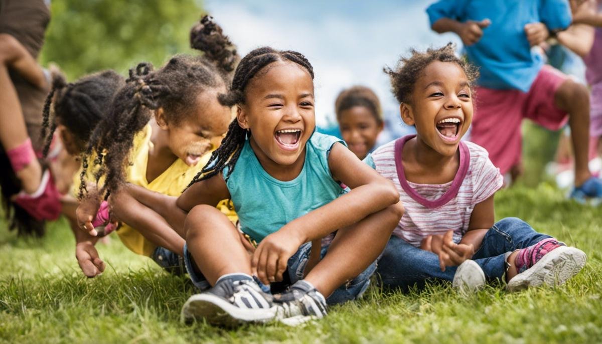 Image description: A diverse group of children playing and laughing together.