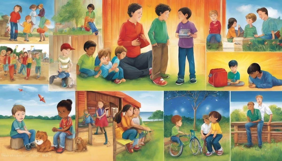 Illustration showing different characteristics of autism, including communication, social interaction, and behavior.