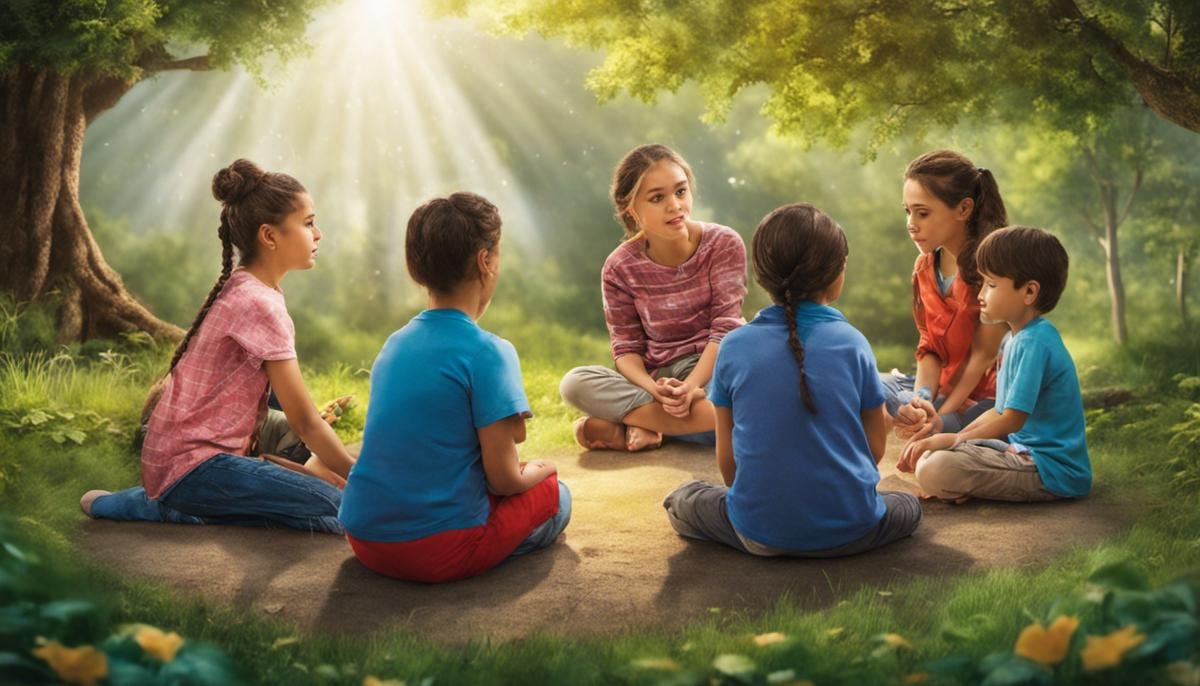 A group of children with autism sitting in a circle, engaged in a conversation with their therapists.