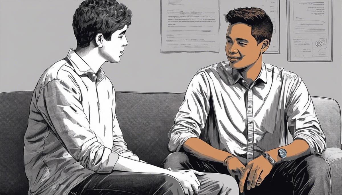 Illustration of a person sitting and having a conversation with a person on the autism spectrum, symbolizing effective and compassionate communication