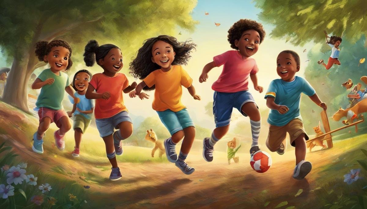 Illustration of a diverse group of children playing together happily.