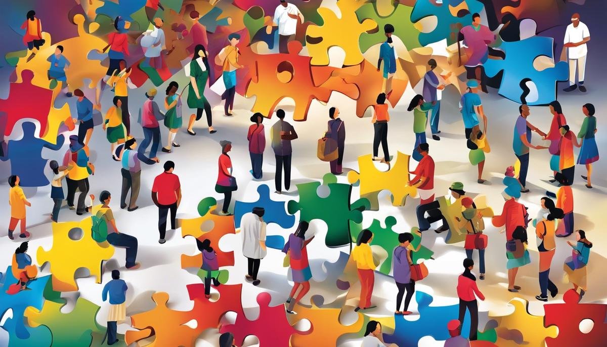 Illustration of people from different cultures coming together with puzzle pieces representing autism