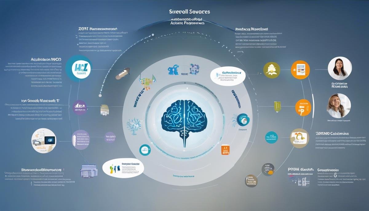An image illustrating the evolution of autism diagnosis methods in 2023, showing a blend of traditional behavioral assessments with genetic tests, biomarkers, digital tools, and telehealth.