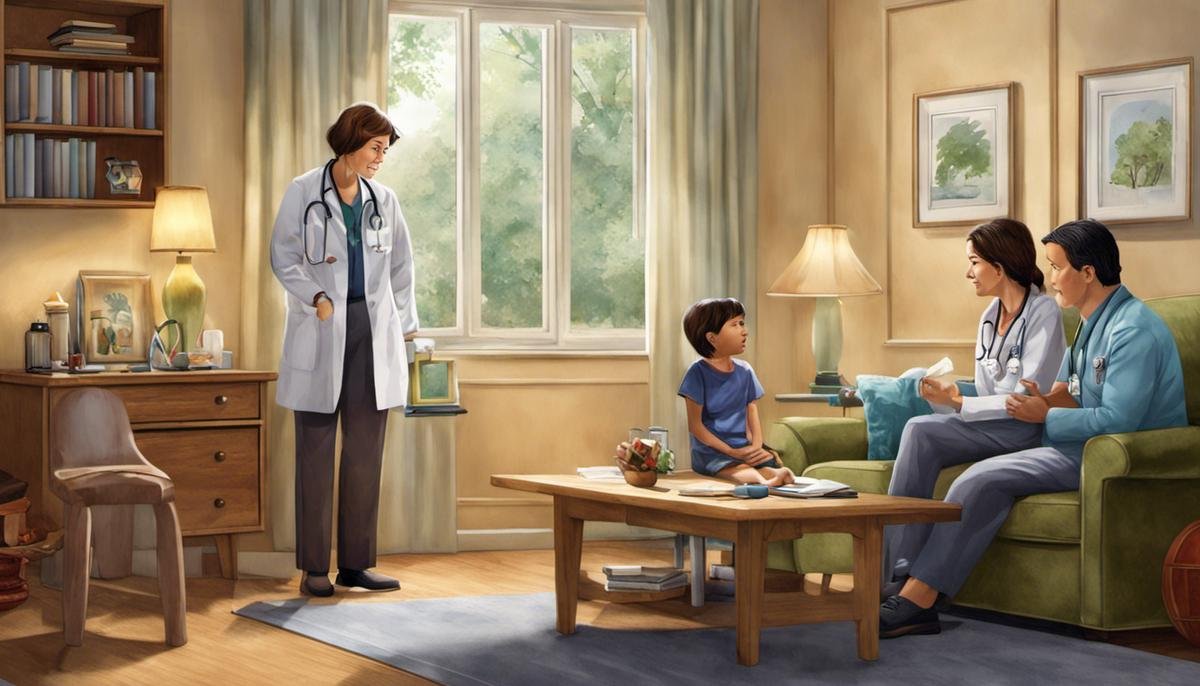 Illustration of a doctor discussing an autism diagnosis with a family