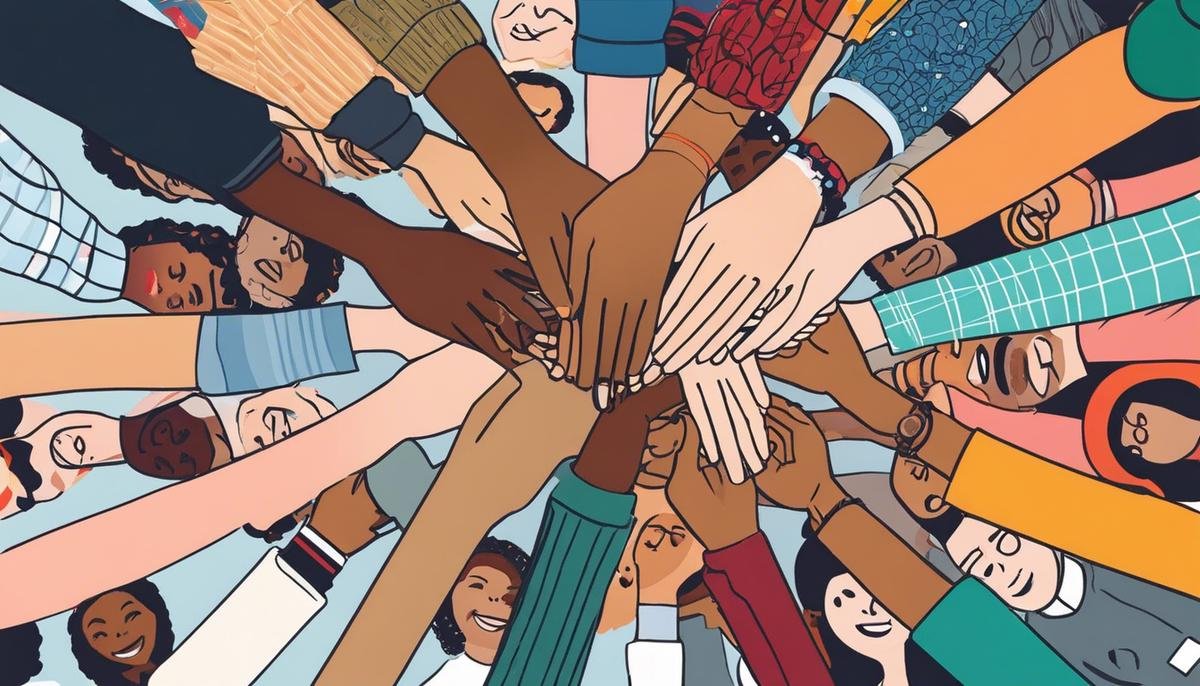 Illustration of a diverse group of people holding hands forming a circle, representing inclusivity, acceptance, and support.