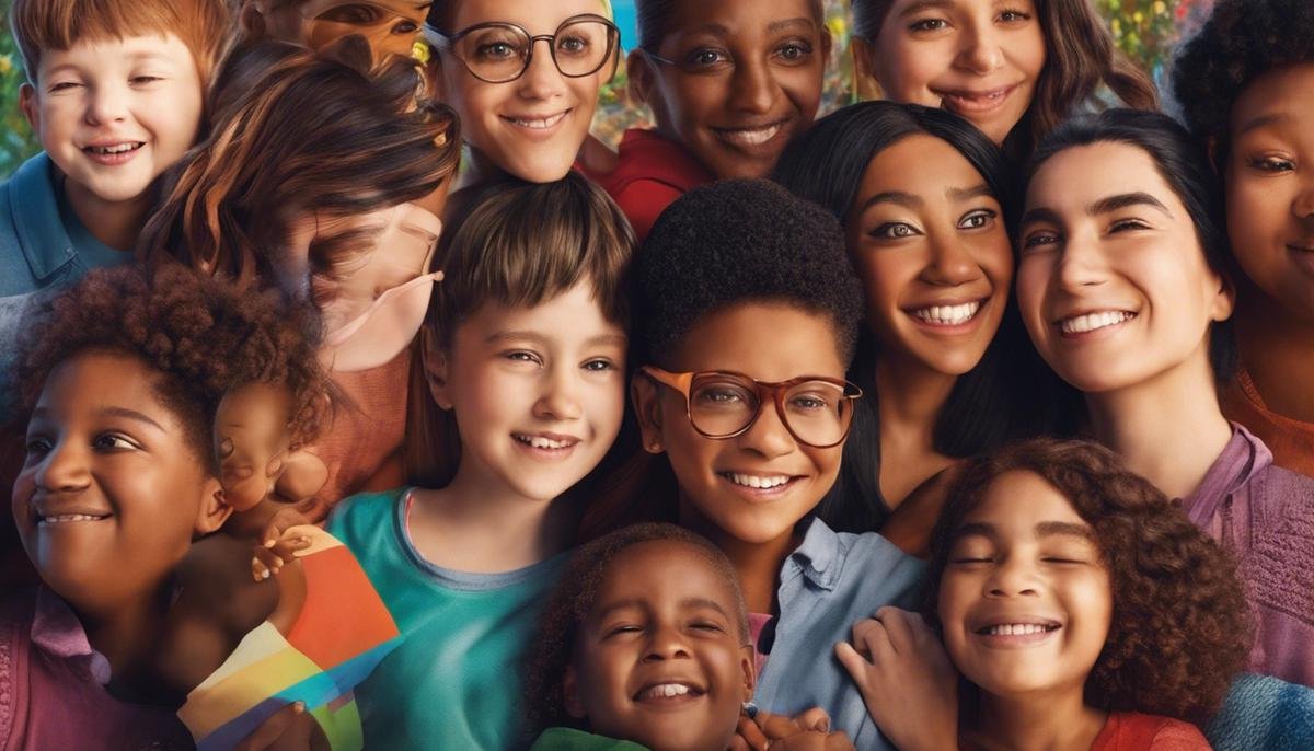 An image of a diverse group of individuals who are visually impaired embracing each other, symbolizing inclusivity and support in autism diagnosis.