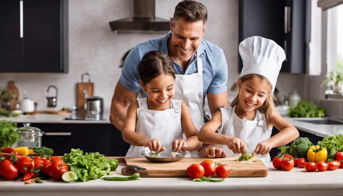 A picture of a family cooking together. They are smiling and having fun while preparing a meal.
