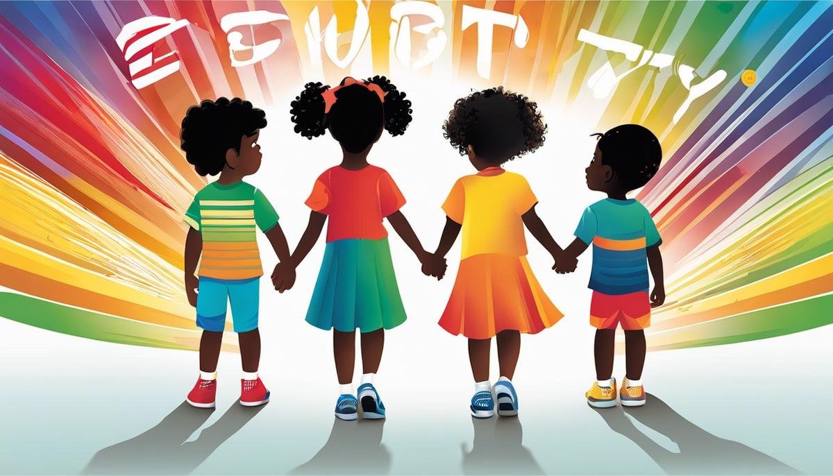 Image description: Illustration depicting diverse children holding hands with the word 'equity' above them.