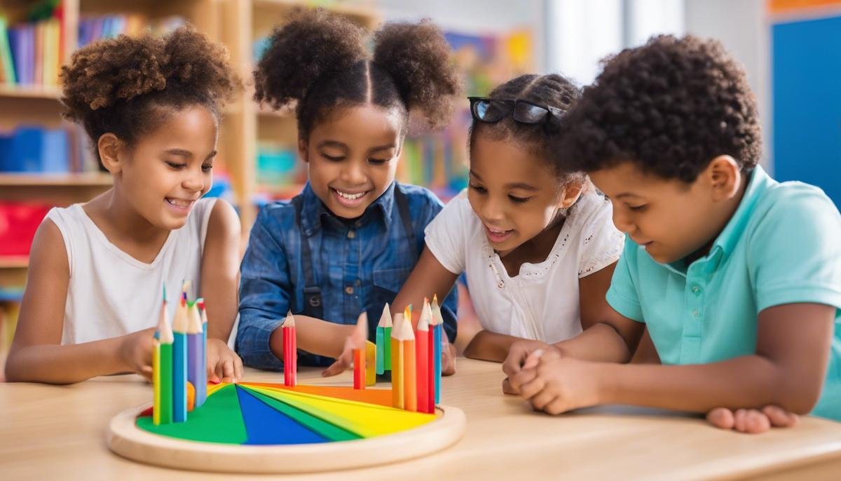 Image of diverse group of children with Autism Spectrum Disorder (ASD) and without, engaging in inclusive classroom activities