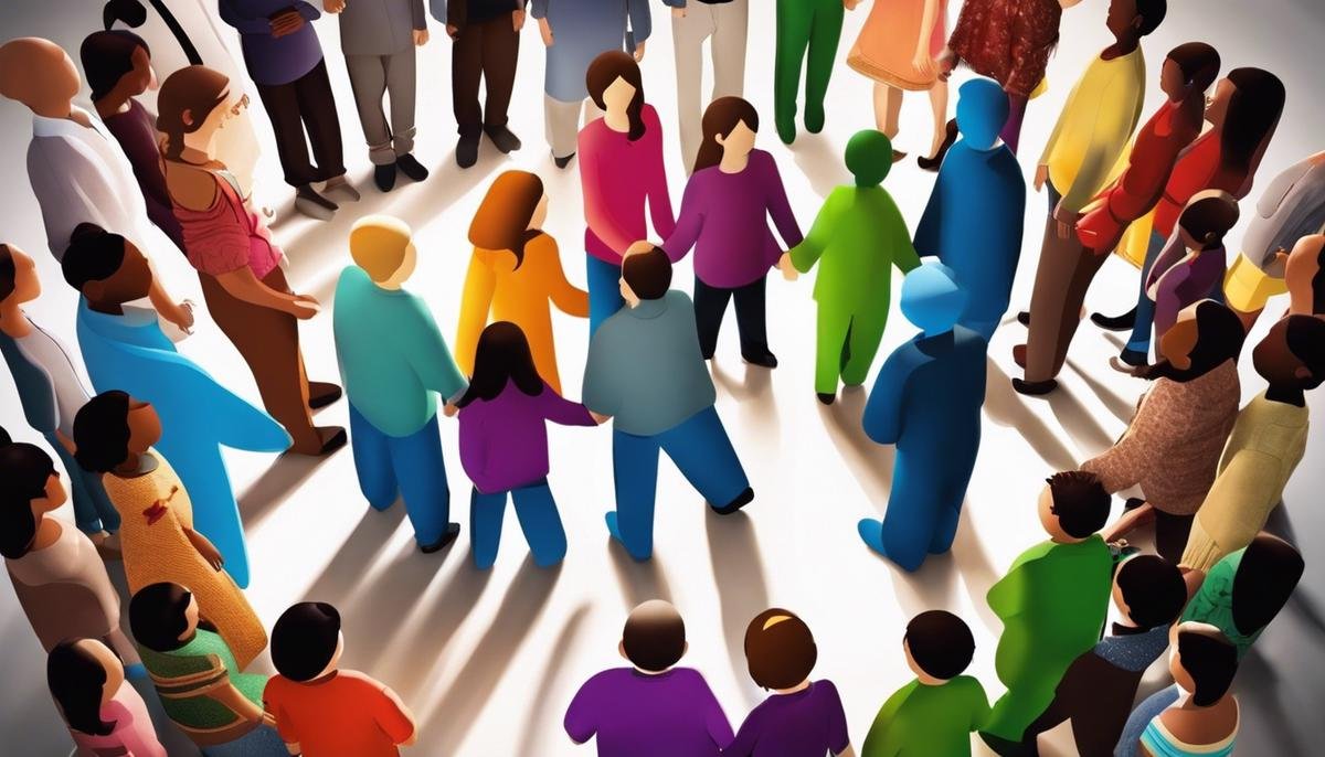 An image showing a diverse group of people holding hands and supporting each other in a circle, representing the importance of understanding autism dynamics in family life.