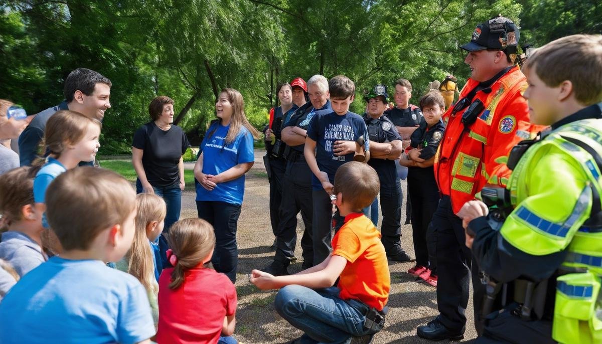 A group of children with autism and their families engaging with first responders and support networks during an emergency drill.