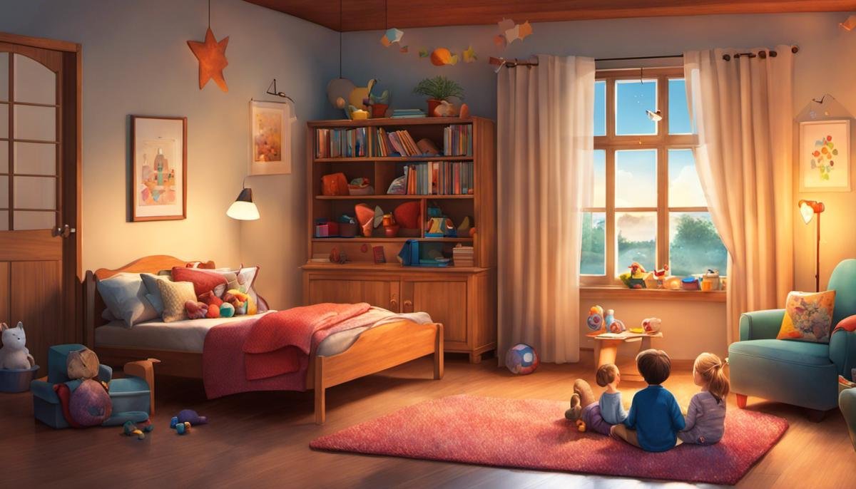 Illustration of a nurturing home environment for children with autism, showing a cozy room with soft lighting, comfortable furniture, and sensory toys.