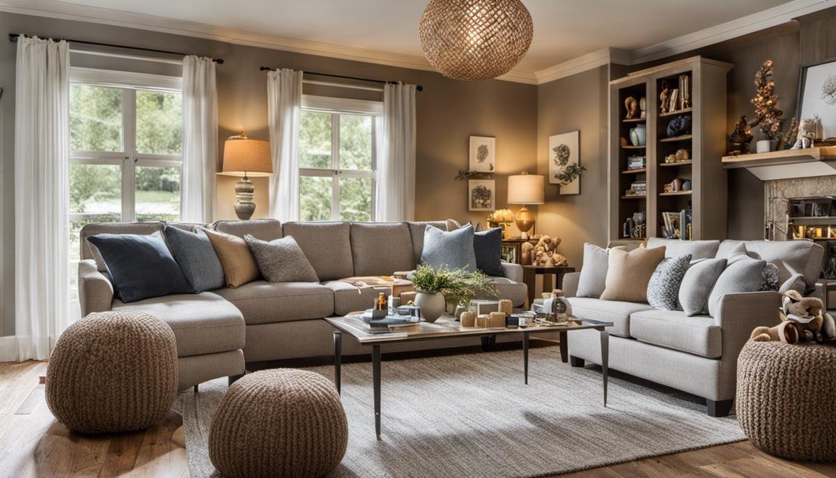 A cozy and welcoming living room with soft, muted colors and a variety of sensory-friendly toys and tools.