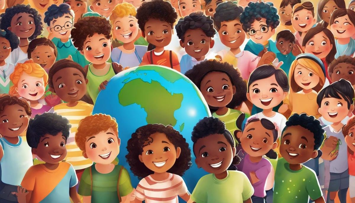 Illustration of a diverse group of children holding hands and participating in activities, representing an inclusive community