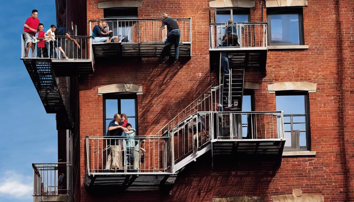 An image showing a family practicing a fire escape plan together, with each member having a specific role in the process.