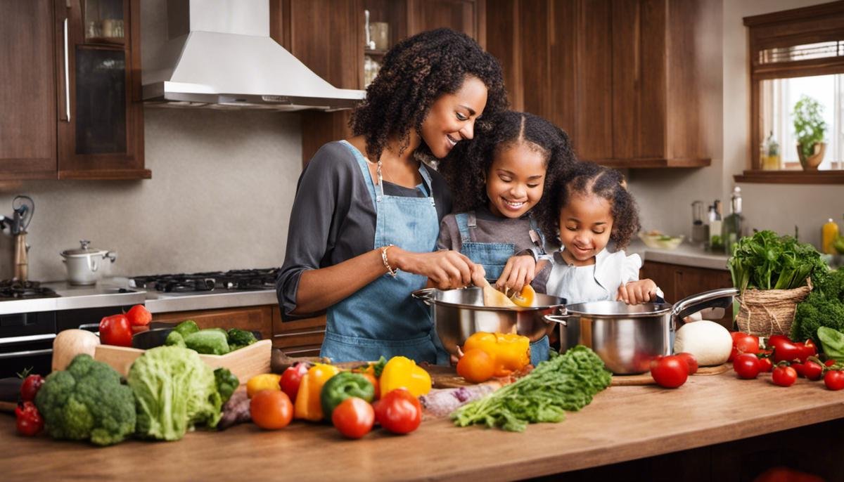Image of a family cooking together in the kitchen, bonding and learning.