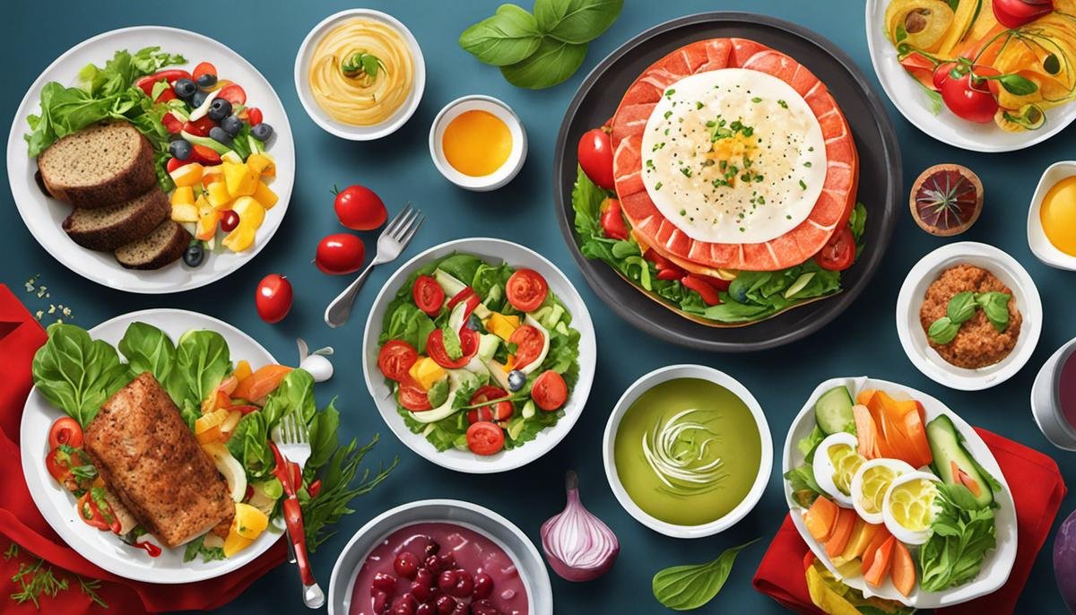 Illustration of a diverse and colorful assortment of healthy meals on a plate