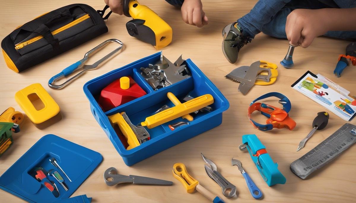 An image of a safety toolkit designed for children with autism, containing various tools and resources.