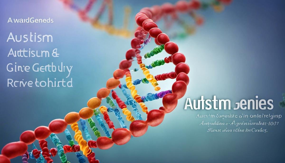 Image of a DNA strand with the text 'Autism genetics'