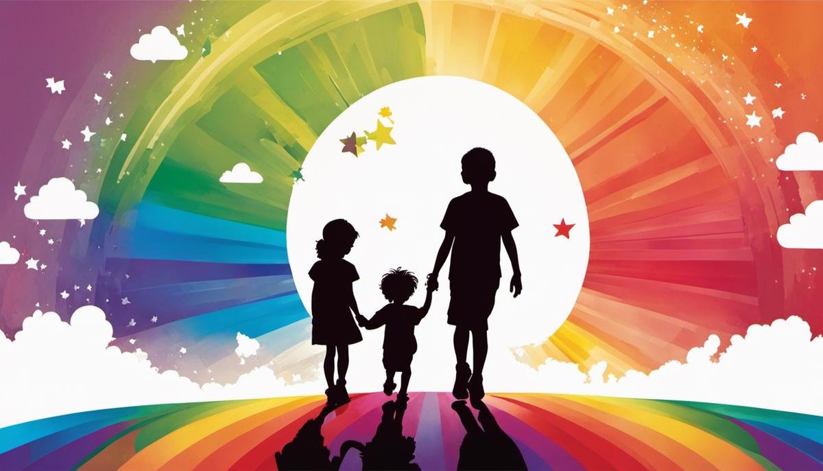 Illustration depicting two silhouettes of children, one girl and one boy, united by a colorful spectrum symbolizing the diversity and differences in autism across genders