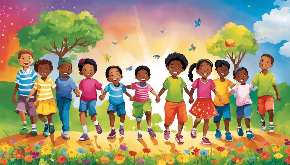 Image description: A colorful illustration depicting diverse children holding hands and smiling, symbolizing understanding and support for children with autism.