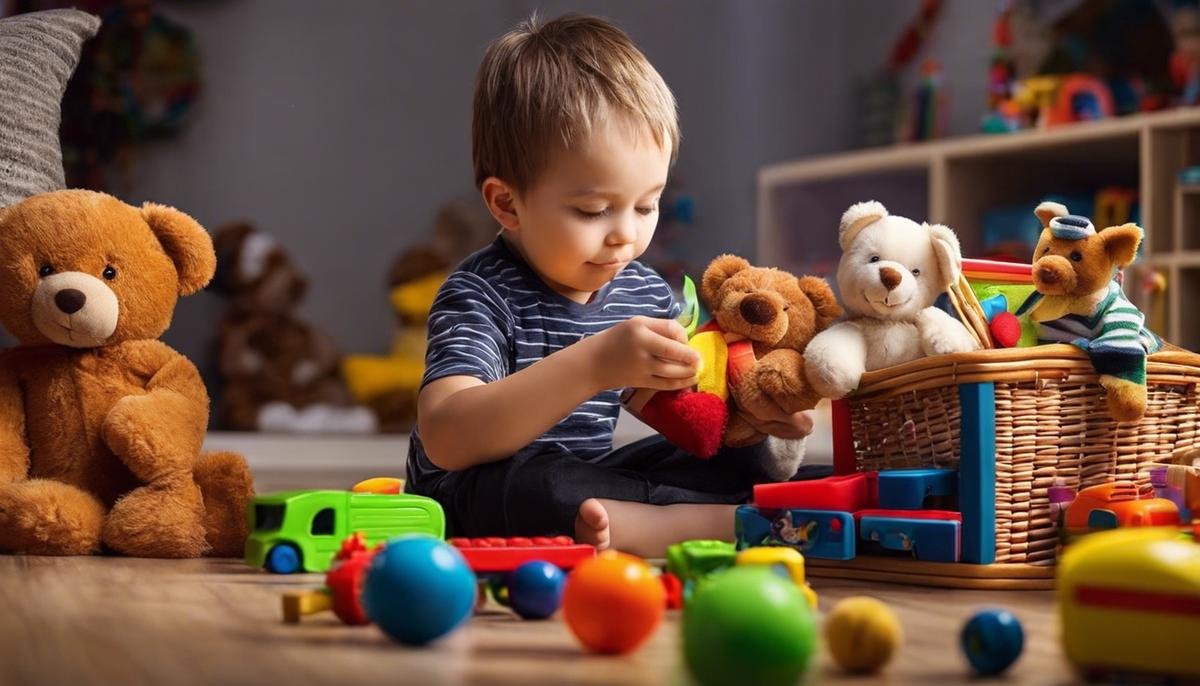 A child with autism holding a variety of toys