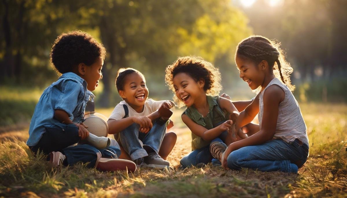 A picture of a diverse group of children playing together happily.