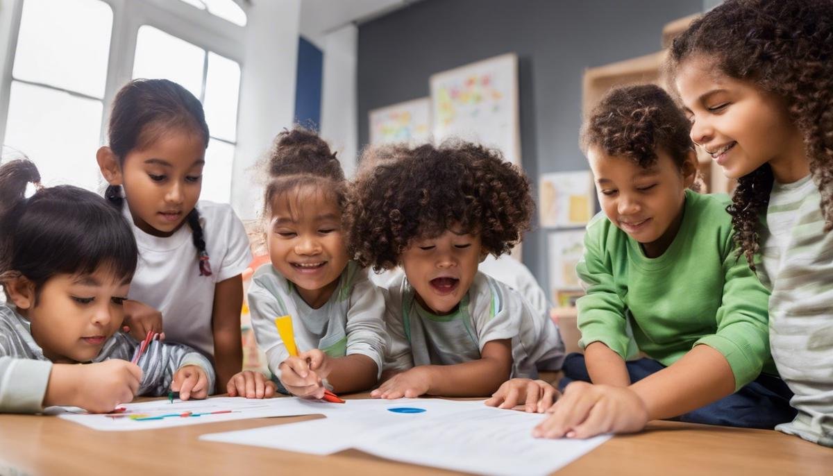 Image description: A group of children engaging in a structured activity with visual aids