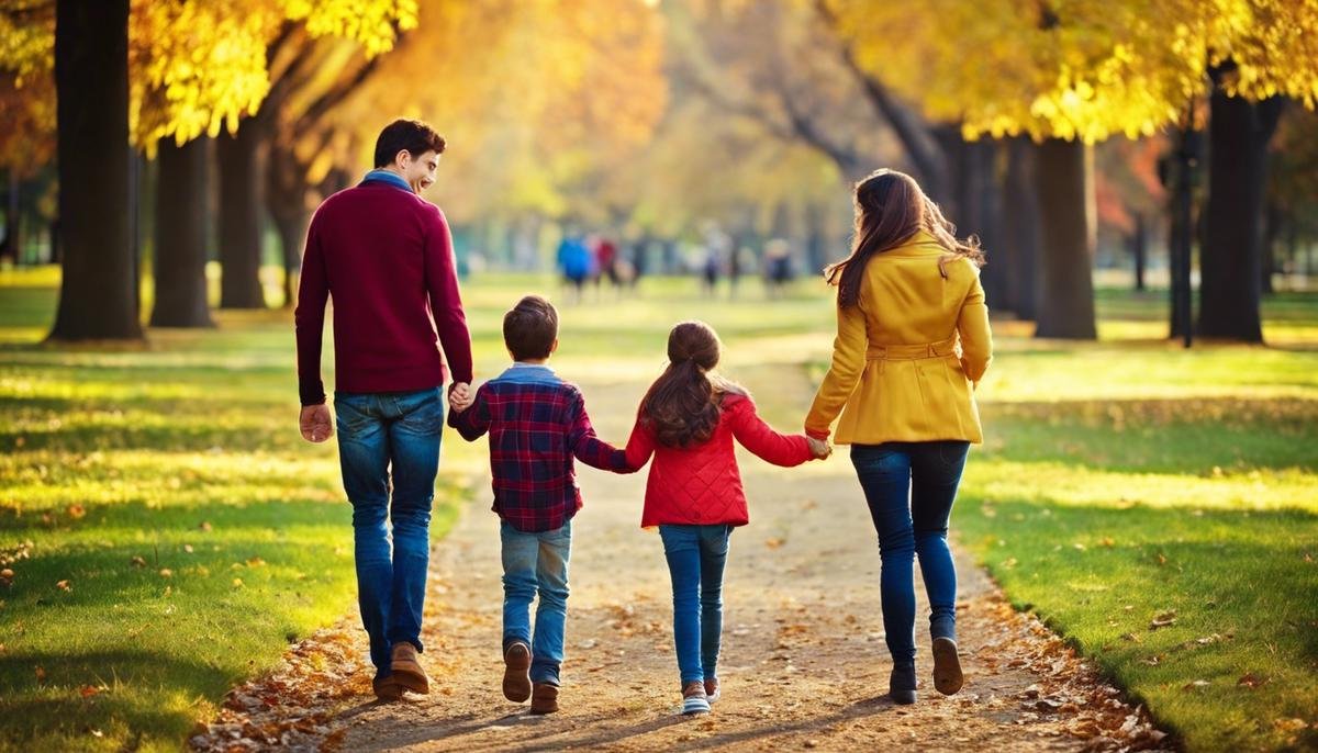 An image showing a family smiling and holding hands while walking in a park, symbolizing the support and care provided by autism insurance coverage.