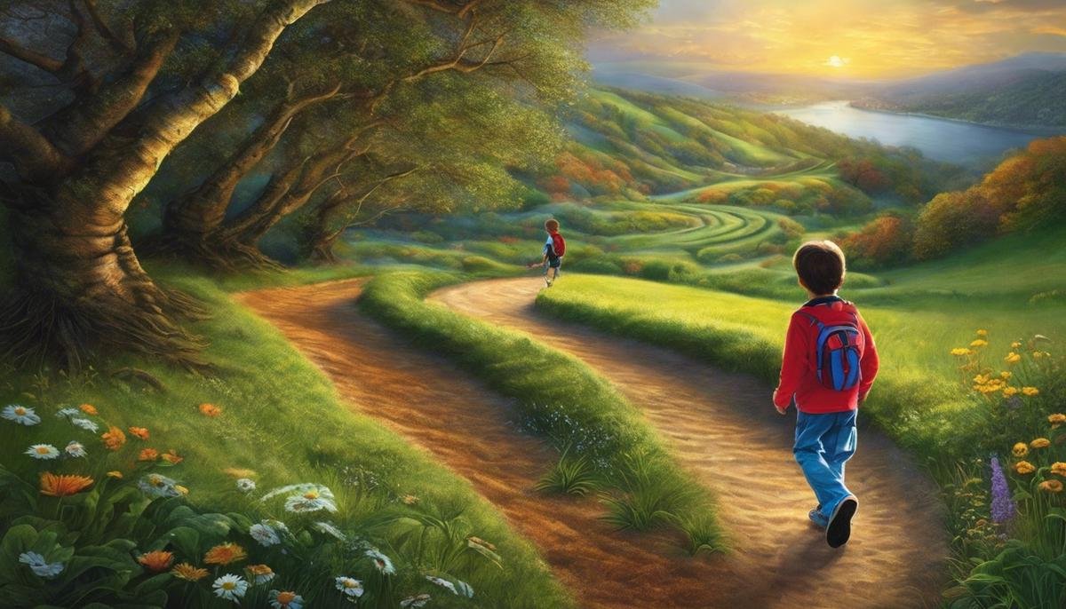 A descriptive image showing a child with autism navigating a winding path towards progress