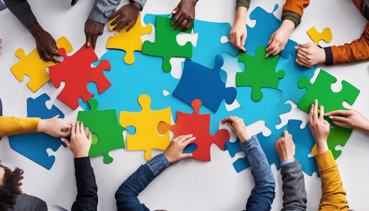 Image of diverse group of people working together with puzzle pieces on a table, representing the inclusive efforts of the autism legislation
